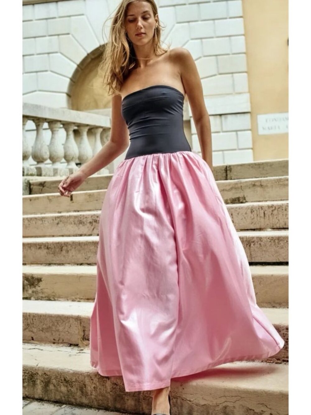 NWT Ciao Lucia $415 Giselle Dress Black Strapless Maxi Dress Pink Taffeta XS